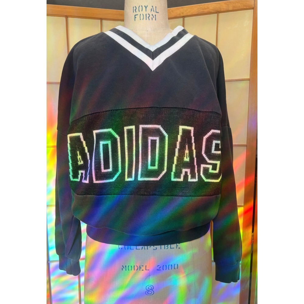 Adidas Originals V-Neck Sweatshirt Black White Knit Logo Pullover Retro Womens